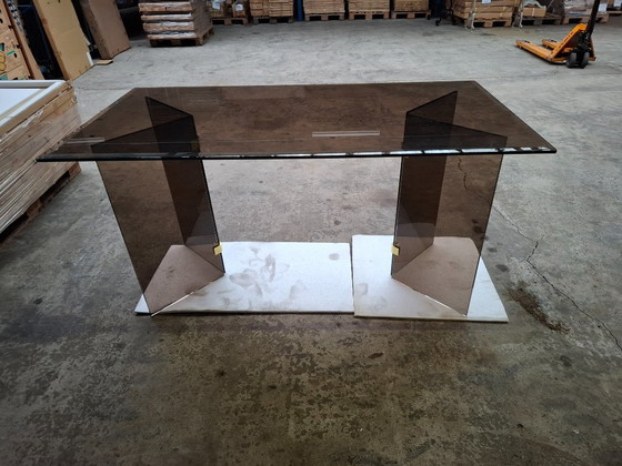 Hollywood Regency Dining Table / Desk – Smoked Glass & Brass (Pace Style) – NEW (photo 7 of 10)