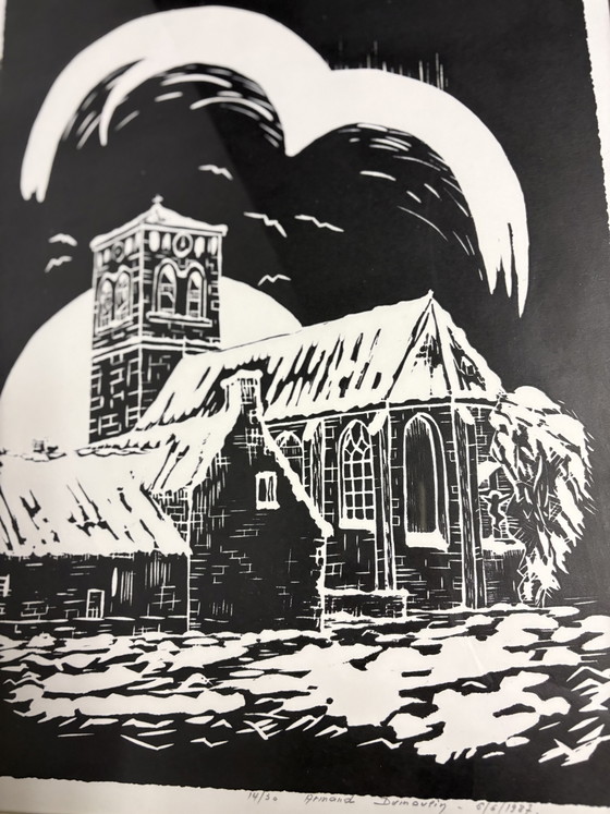 Image 1 of Signierter Holzschnitt/Linolschnitt von Armand Dumoulin – „Winterliche Kirchenszene“ (1987)

