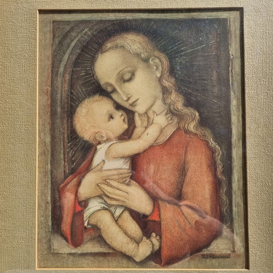 Image 1 of Deutscher Hummel/Goebel-Kunstdruck im Jugendstil: Maria mit Kindern, Kirche, Jesus, Mitte des 20. Jahrhunderts