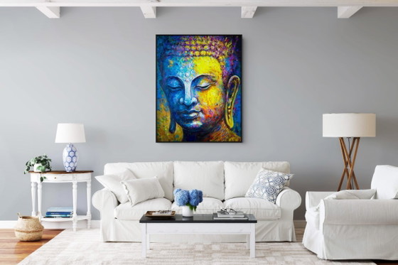 Image 1 of Unique hand-painted Buddha painting "Silent Strength" – Seksak Jaichumchen – 100 × 120 cm
