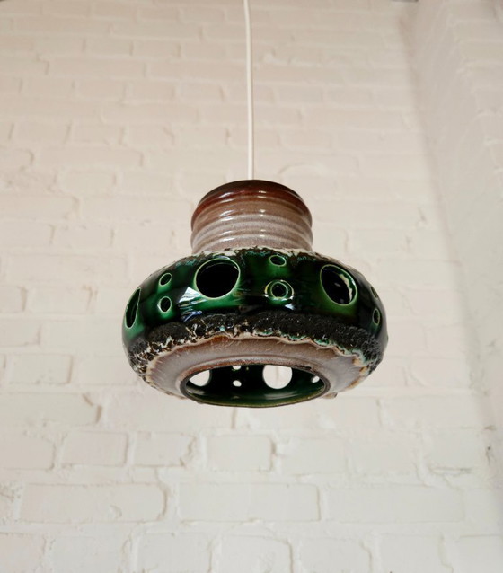 Image 1 of Keramieken aardewerken vintage hanglamp van Herda, west germany fat lava stijl, keramische retro, groene hanglamp