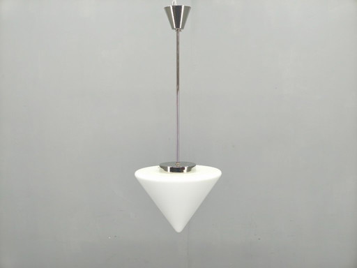 Art Deco Style Pendant Light, Chrome & Milk Glass, 1970s