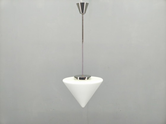 Image 1 of Art Deco Style Pendant Light, Chrome & Milk Glass, 1970s