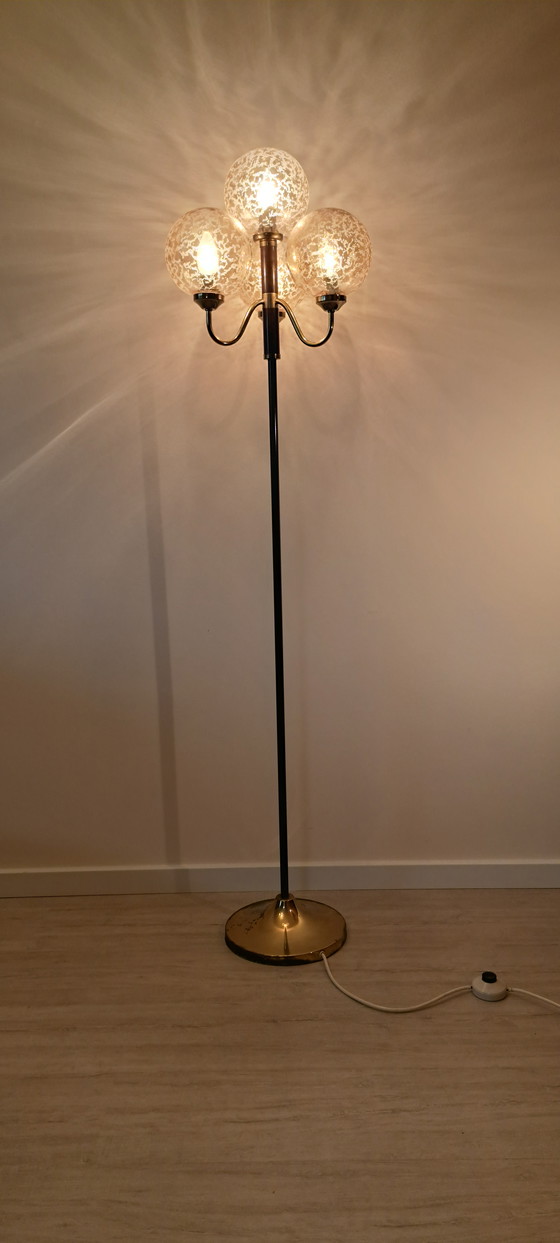 Image 1 of 🟡 Vintage Brass & Brown Metal Floor Lamp – 3 Textured Glass Globes – Germany 1970s