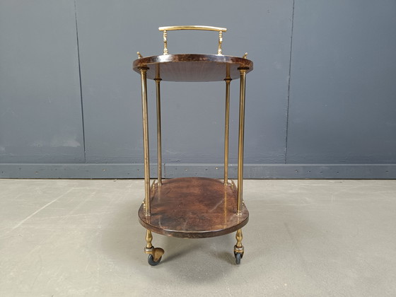 Image 1 of Chariot de bar italien en peau de chèvre laquée et parchemin par Aldo Tura, années 1960