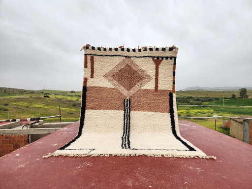 Groot Beni Ouarain tapijt 300x206 cm – Handgemaakt Marokkaans wollen tapijt – Neutraal Berber geometrisch ontwerp