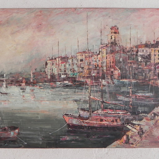 Painting cityscape with harbor, Harry Dedic, 1960s