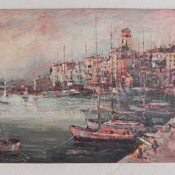 Image 1 of Peinture d'un paysage urbain avec un port, Harry Dedic, années 1960