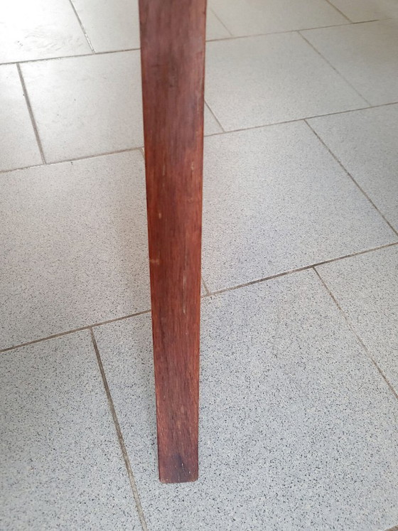 Image 1 of PAIRE DE FAUTEUILS BRIDGE VINTAGE 1950 PIEDS COMPAS CHENE & SIMILI-CUIR HAVANE