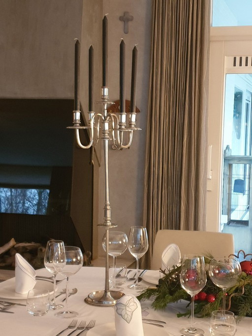 2 stuks 5-armige zilvertinnen kandelaars
