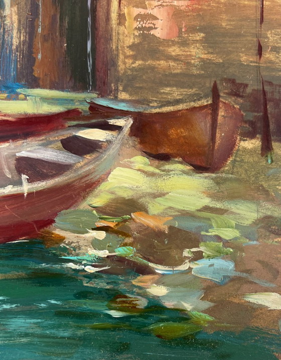 Image 1 of Peinture à l'huile originale représentant un paysage urbain, fluvial et une jetée aux couleurs du soir