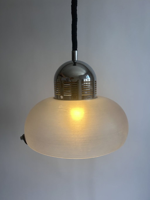 Vintage hanging lamp in chrome and frosted glass - 1970s