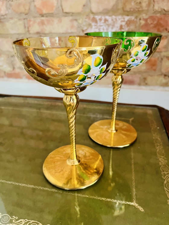 Luxury Set of 2 Vintage Coupes – Bohemian Crystal & 24k Gold – Glass & Decanter, Glass (photo 3 of 8)