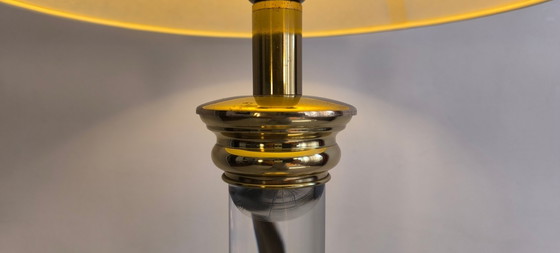 Image 1 of 😍✨ Elegant vintage 70s/80s column lamp by "Le Dauphin" in acrylic glass and brass with a new lampshade ✨😍