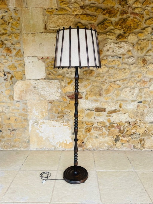 Mid-Century, Turned Wood, Bamboo Rattan Floor Lamp Circa 1950s