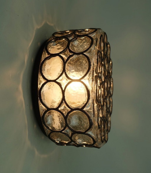 glashuette limburg sconce or flush mount glass with iron ring decor 1960s 70s