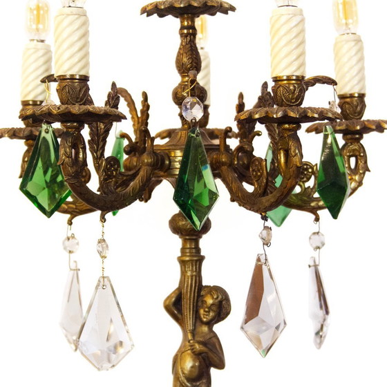 Image 1 of Vintage Bronze Candelabra Lamp with Green Crystals, 1930s