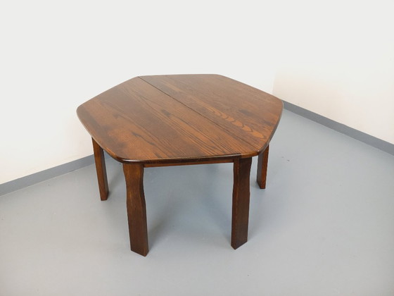 Image 1 of Vintage brutalist hexagonal oak dining table from the 1950s with extension