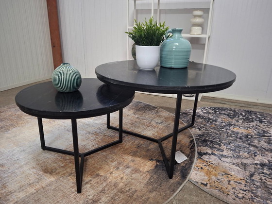 Image 1 of Ensemble de table basse chic avec plateau en marbre véritable et piètement en métal