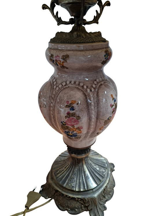 Image 1 of Vintage Hand-Painted Ceramic and Bordeaux Velvet Table Lamp