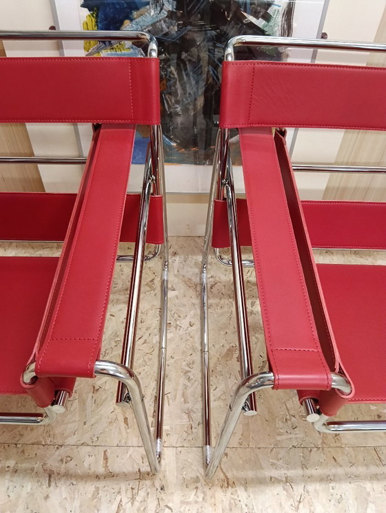 Image 1 of KNOLL Studio Set van 2 WASSILY B3 fauteuils (NIEUW) in rood leer