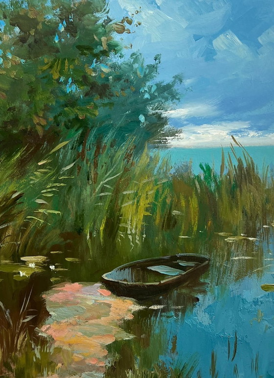 Image 1 of Dipinto ad olio originale, Paesaggio costiero estivo, giornata calda e soleggiata in riva al fiume.