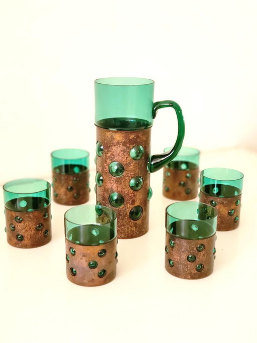 Juego de bebidas brutalista vintage de vidrio verde y cobre patinado – glazen karaffen, Copper, Glass (photo 2 of 9)
