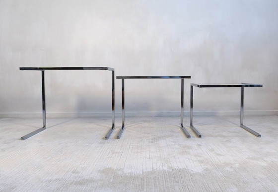 Image 1 of 😍✨ Set of 3 vintage chrome and smoked glass nesting tables, Roche Bobois / Guy Lefèvre style – 1970s ✨😍