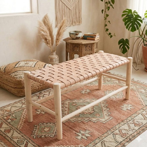 Banc bohème en bois – Banc d'appoint artisanal en bois massif pour la décoration du salon, de l'entrée et de la chambre