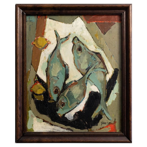 Cubist Still life, Fish Supper, Acrylic and Oil on board, Modern Style, Signed