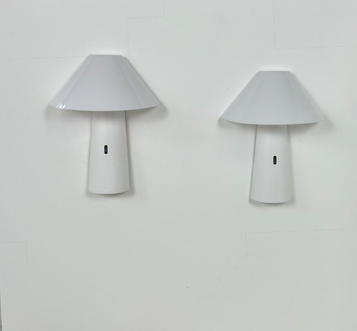 Pair of vintage wall lights, Arlus Ibiza model, white lacquered metal and Perspex, France, 1970