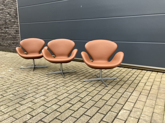 Image 1 of 3 sillas Swan de Fritz Hansen, de cuero color coñac, ¡en perfecto estado!