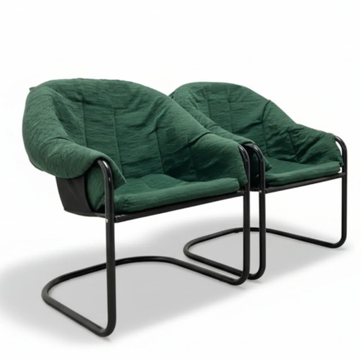 Poltrone retrò FIAM Italia anni '80 - Struttura in metallo nero e rivestimento verde (set di 2)