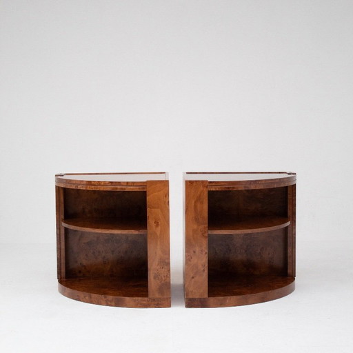 Pair of Burl Wood Demi-Lune Cabinets