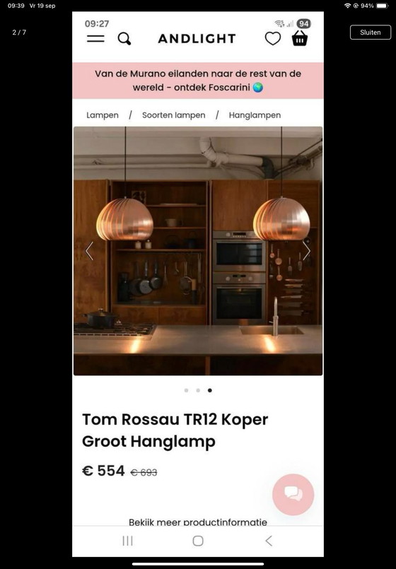 Image 1 of Tom Rossau schitterende nieuwe hanglamp TR12 groot koper