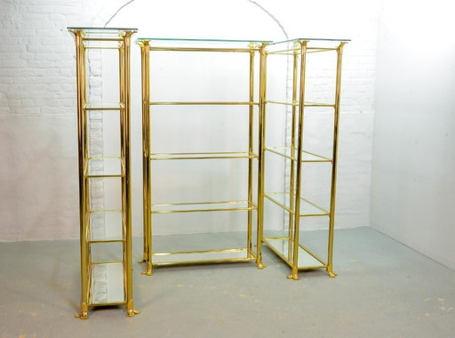 Hollywood Regency Style Ramiro Tarazona 24 Carat Gold Plated Mid-Century Display Cabinet with Glass Shelves. Spain, 1980s.