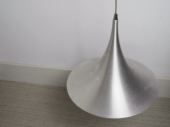 Trumpet Ceiling Lamp Mid Century Modern Tulip Witch Hat Large Vintage Pendant Light Brushed Aluminium Metal (photo 11 of 22)