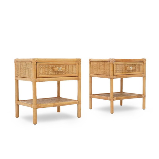 Paire de tables de chevet en osier tressé, années 1980