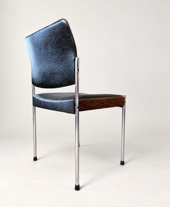 Thereca, 8 vintage Dining chairs, Netherlands, approx. 1960-70, Chrome, Leather, Black (photo 10 of 15)
