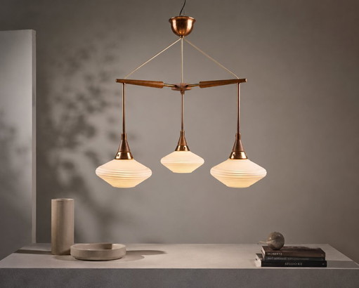 Lampadario scandinavo di metà secolo in teak, rame e vetro opalino, anni '60. – hanglampen, Glass, Wood