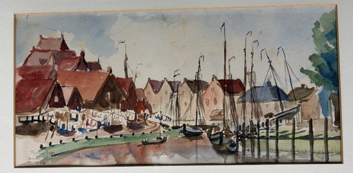 Watercolor by Jan van Riel from 1953 of the harbor of Spakenburg.