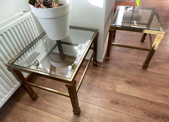 Image 1 of Tables d'appoint vintage Hollywood Regency en laiton et verre – lot de 2 – années 1970/80