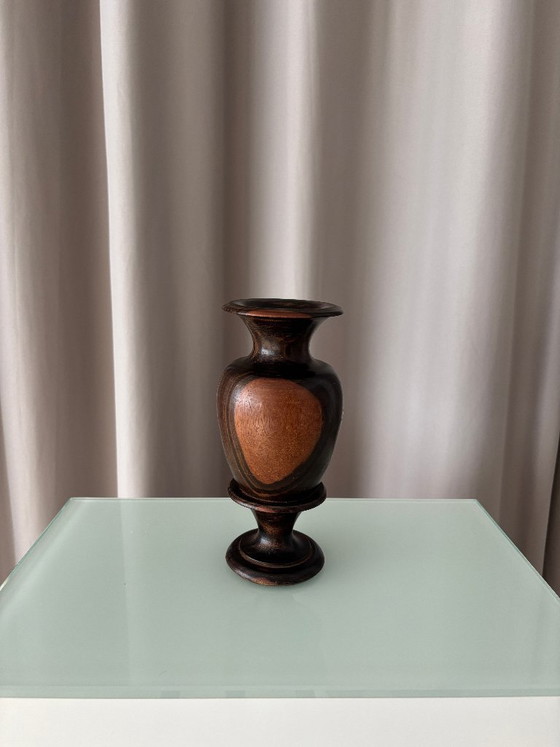 Vintage Sculptural Turned Wood Vase – Dark Hardwood – 20 cm – Artisan (photo 3 of 11)