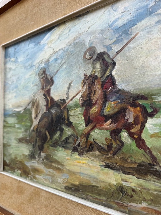 Tableau huile scène camarguaise 20ème – Peintures et dessins, Bois (photo 10 of 11)
