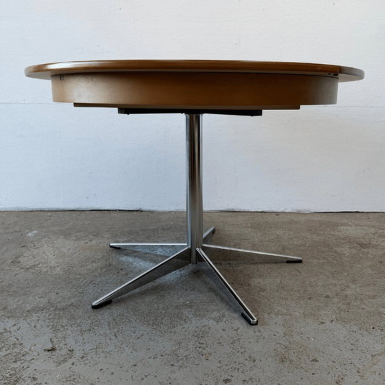 Image 1 of Mid-century round dining table, teak, chrome legs – extendable | 1960s
