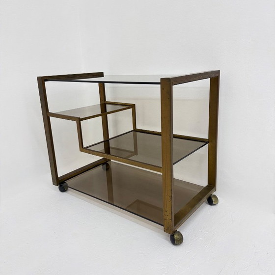 Image 1 of Barwagen aus Messing mit Rauchglas aus der Mitte des 20. Jahrhunderts, 1970er Jahre