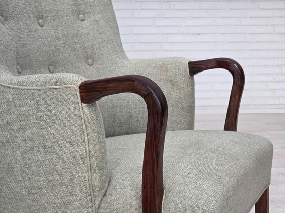 Image 1 of 1960s, Danish armchair, original light grey furniture wool, solid teak wood.