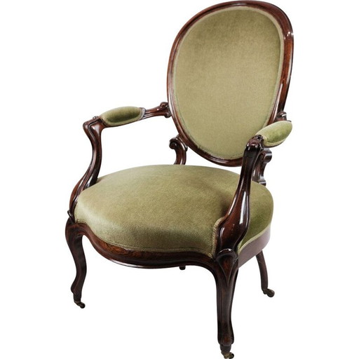 Poltrona vintage neo-rococò in mogano con velluto verde, anni 1880