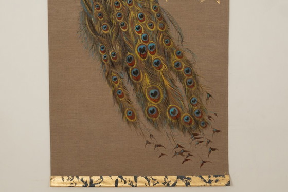 Image 1 of Canvas painted with a peacock on a branch. Contemporary work.
