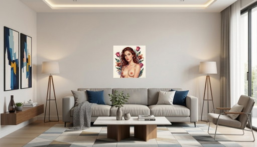 Nude bust of a woman with flowers (60 × 60 cm) – wanddecoratie, Aluminium
